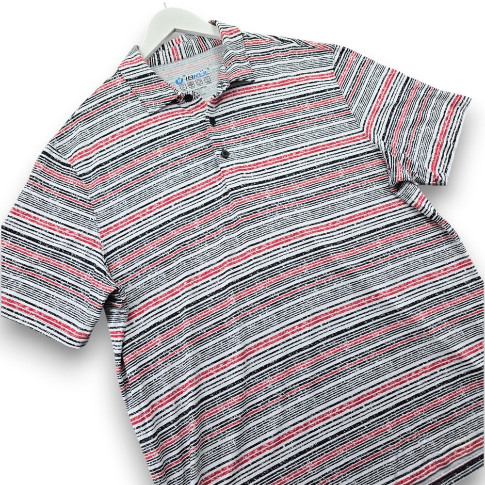IBKUL Mens Polo Shirt XL White Red Black Striped Nylon Performance Short Sleeve